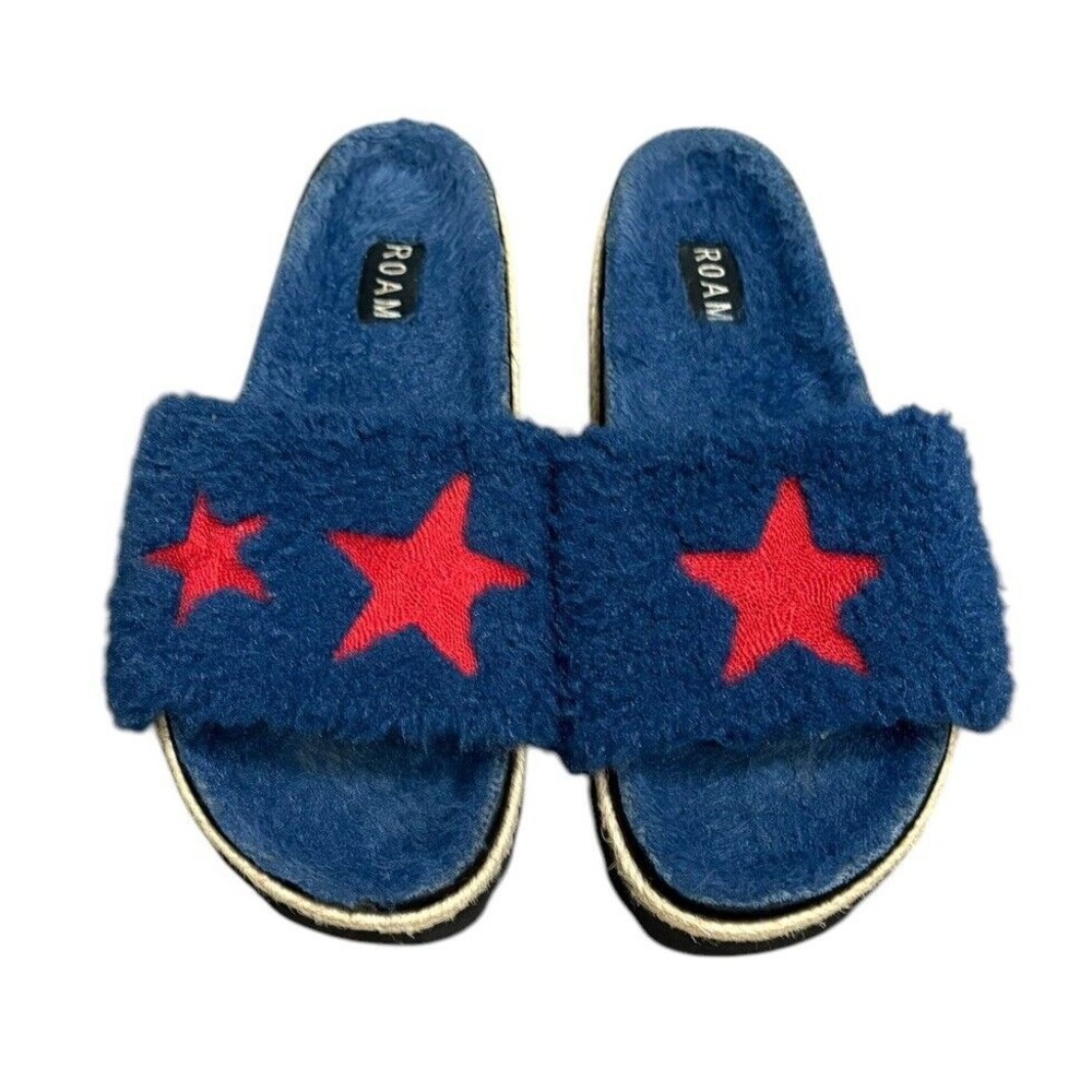 Roam Faux‎ Fur Slipper Slides Navy Size 9 Stars - Picture 2 of 6